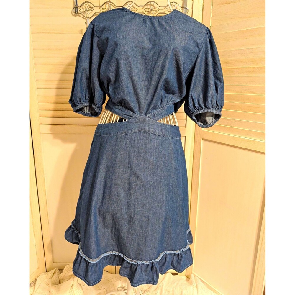 New York & Company Blue Denim Romper Dress 2XL Cut-Out Puff Sleeve Ruffle